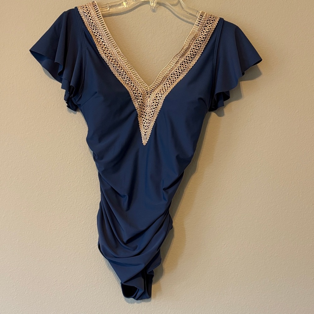 Elegant Blue Swimsuit with Ruffle Sleeves